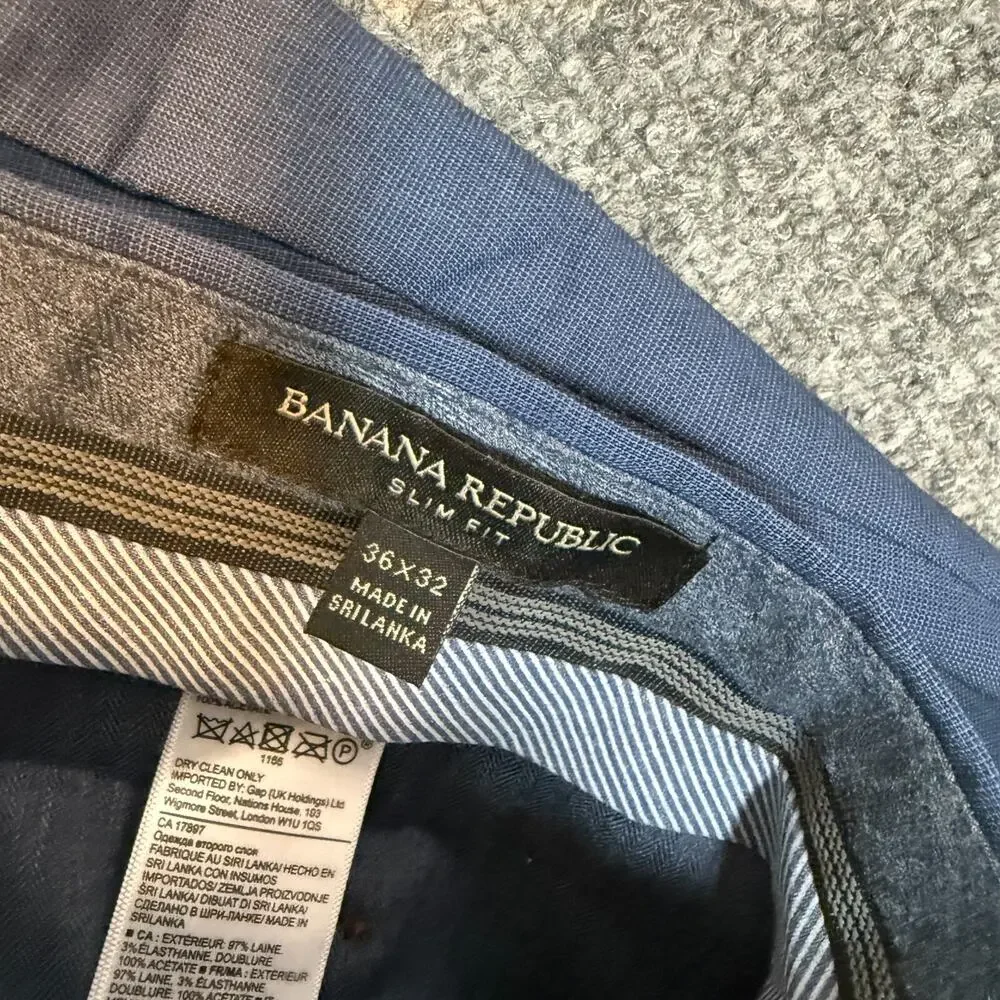Banana‎ Republic Pants Mens 36x32 Blue Wool Slim Fit Pleated Lightweight Casual